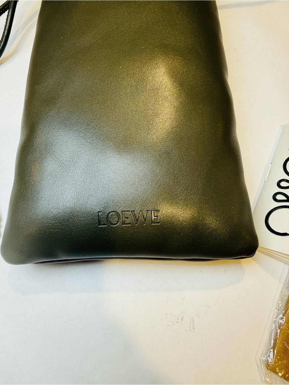 Loewe Sunglass Puffer Pouch Olive Green Drawstring Bag Case w/ Cleaning cloth - Picture 3 of 7
